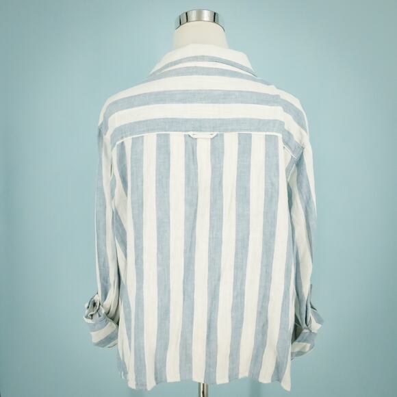 American Eagle Size XL Blue White Linen Blend Stripe Button Down Crop Top Blouse - Picture 3 of 8